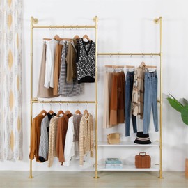 EDCB Industrial Style Wall Mounted Clothing Rack - Heavy Duty Pipe Garment Rack with Wood shelves, Multi-Functional Wardrobe System for Boutique/Closet,Gold (74.8" W x91.7 H)