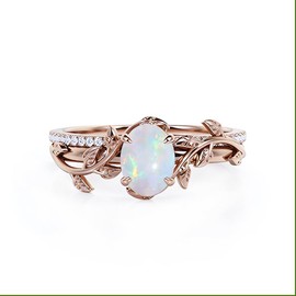 MOTIEL 1.5ctw Rose Gold Oval Opal Engagement Rings 925 Sterling Silver Leaf Opal Bridal Sets Dainty Promise Ring for Women - Size 7.5