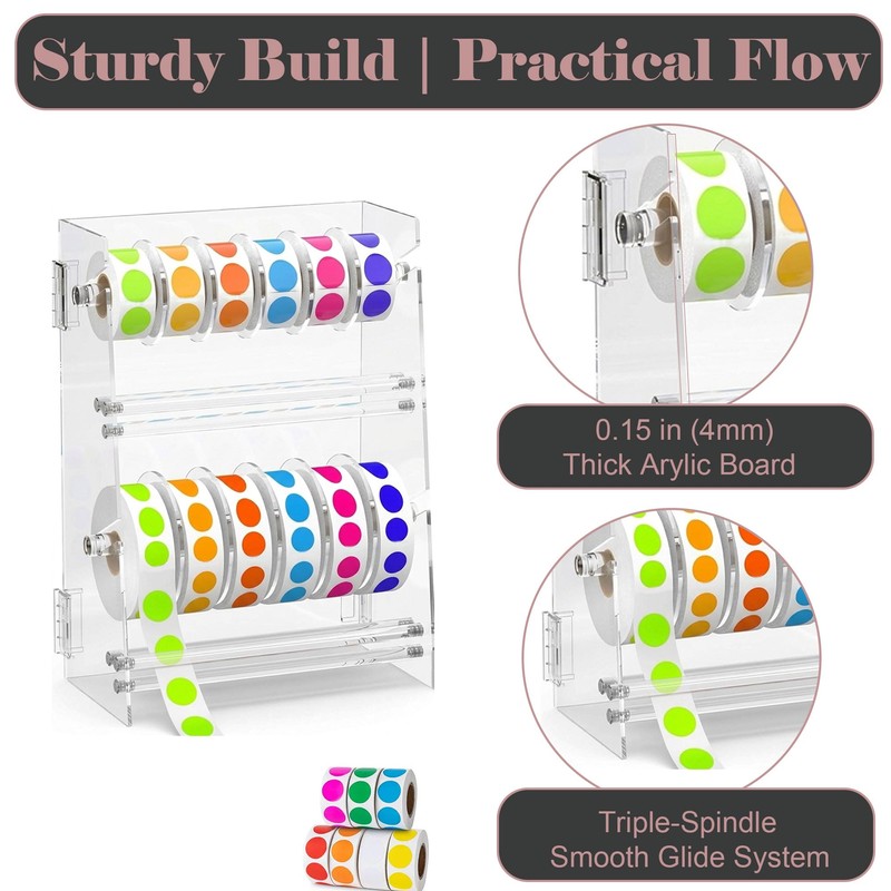 Double-Layer Acrylic Sticker Roll Dispenser, Adjustable Label Organizer for 12