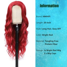 HMHIFI Long Red Wigs for Women Natural Curly Wavy Synthetic Hair Middle Prat Wigs Heat Resistant Hair Replacement Wigs for Daily Party Use Halloween Costume Wig