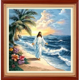 Foxhool Stamped Cross Stitch Kits,11CT Printed Cross Stitch Pattern Full Embroidery Kits for Beginner Needlepoint Kits&Jesus by The Sea 18x18 inch