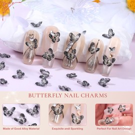 QPRETTY DU 3D Butterfly Nail Charms 90PCS Black Resin Butterfly Nail and Gems Shiny Nails Art Decoration Supplies Accessories for Acrylic Nails DIY