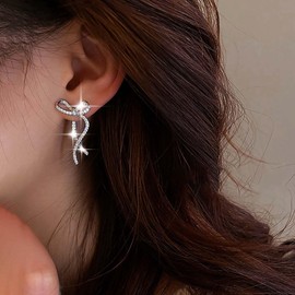 TseanYi Crystal Bow Ear Jacket Earrings Vintage Rhinestone Bowknot Earrings Silver CZ Bow Drop Earrings Crystal Rhinestone Bow Tie Earrings Bridal Sparkly Earrings Jewelry for Women