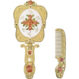 Nerien Vintage Metal Handheld Makeup Mirror with Comb - Russian Style Embossed Rose - Travel Portable Foldable Mirror - Decorative Tabletop Stand - Gold