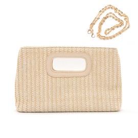 Long Keeper Straw Clutch Handbags - Women Top Handle Clutch Evening Bag Raffia Woven Summer Beach Purse Travel Crossbody Shoulder Bag with Chain (Beige)