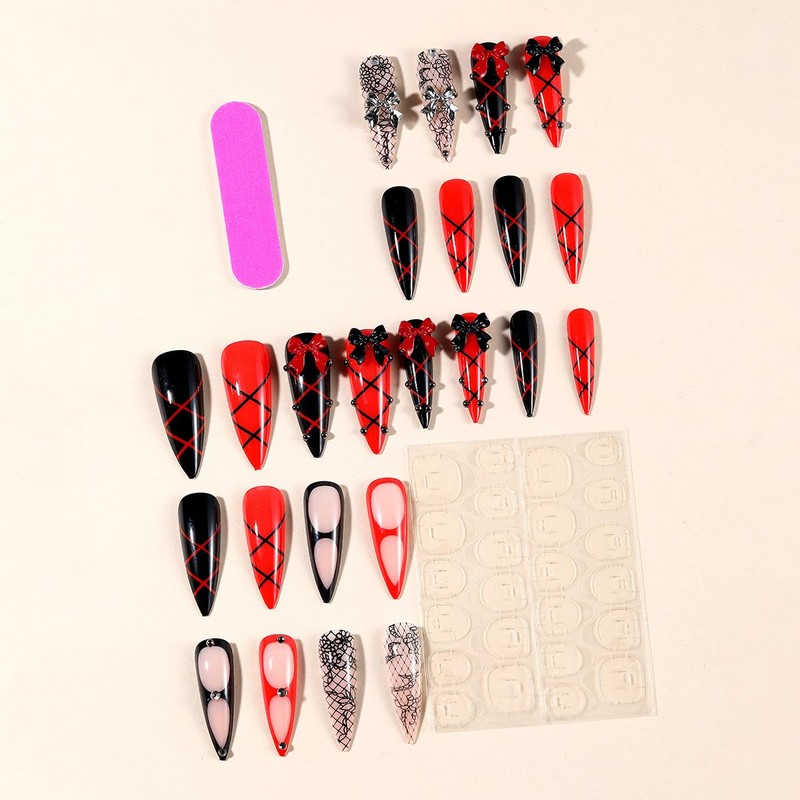 MouyouGlow Press on Nails Long Stiletto Black Red 3D Bow