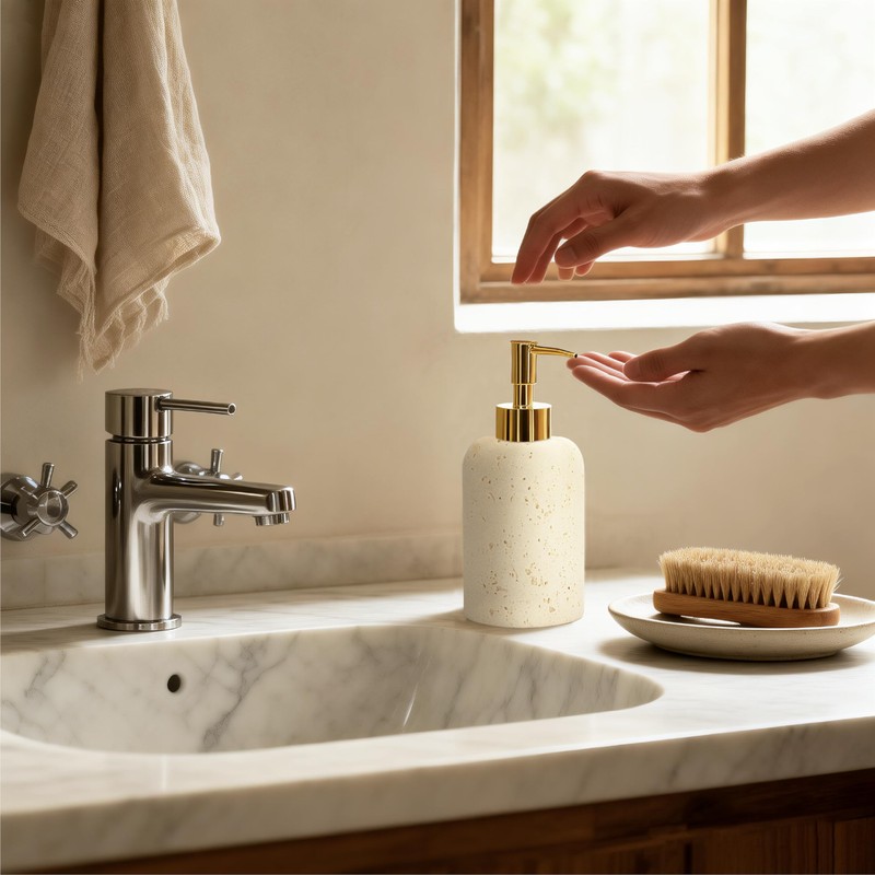 SEICASAYA 13.5 oz Bathroom & Kitchen Countertop Soap Dispenser, Travertine-Look