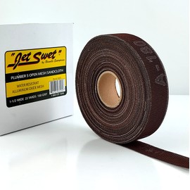Jet Swet Plumbers Open Mesh Sanding Cloth 180 grit 1.5 in x 25 yd - Double Sided Abrasive Roll Emery Crocus Cloth Sands Deburrs Copper Pipe, Metals, PVC, Wood, Drywall | Aluminum Oxide Fine Screen