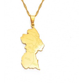 Guyana Map City Pendant Necklace Republic Of Guyana Map Stainless Steel Necklace, 45cm, Copper, Agate