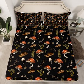 Castle Fairy Mushroom Sheets Set for Kids Teens,Rustic Weed Leaves Nature Plant Quality Brushed Microfiber Bedding Set Moth Farmhouse Style Black Flat Sheet Boys Girls Room Decor,Twin Size