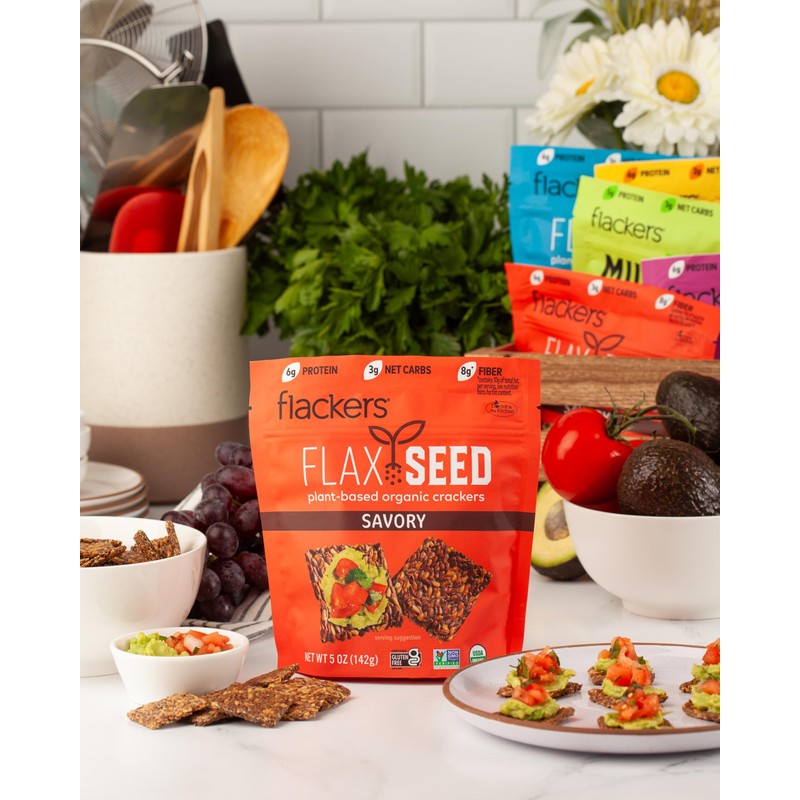 Flackers Organic Savory Flaxseed Crackers, 5 Ounce 4-Pack, Gluten Free,