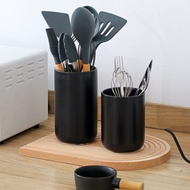 HANTURE Modern Kitchen Utensil Holder 5.2 x 4 inch Black Ceramic Utensil Caddy for Kitchen Counter Simple Design Utensil Crock for Kitchen Countertop Cooking Spoons Storage