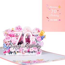 3D Birthday Card for 70th Birthday, Pop Up Card for Age of Age Birthday Party, Flowers Pink, Happy Birthday Greeting Cards, Anniversary Card, Folding Card, with Message Card and Envelope