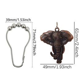 Elephant Shower Curtain Hooks Set of 12, Vintage Shower Curtain Rings for Elephant Bathroom Decor Set, Rustproof Stainless Steel Curtain Hanger for Home Tub Shower Rod (Ancient Red)