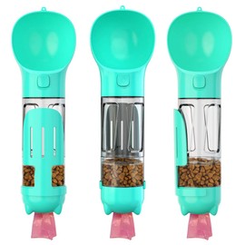 HANAMYA 3 in 1 Dog Travel Bottle Set with 10 oz Drinking Feeder, Food Box and Trash Bag Storage | Water Dispenser, for Pets Outdoor Walking and Traveling, Turquoise Blue