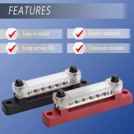 ZEALfix 12V-48V Bus Bar Power 6 Terminal Blocks 150A M6*2 M4*6 Screws Terminals Distribution Block for Car, RV, Yacht, Ship (Red&Black)