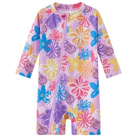 UMELOK Baby Girls' One Piece Swimsuit Infant Swimwear Rash Guard Swim Suit Full Zip with Long Sleeve UPF 50+ Sun Protection Swimsuit Multicolored Daisies,2Y