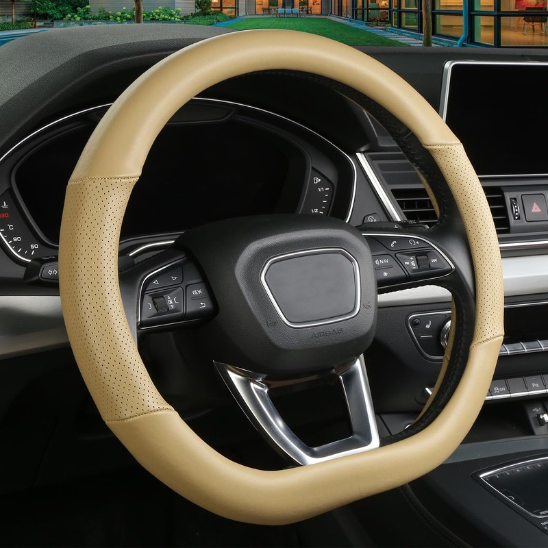 Cxtiy D Shaped Steering Wheel Cover, Genuine Leather Flat Bottom