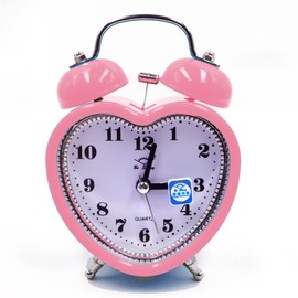 Meyaus 3in Small Heart Shape Loud Twin Bell Plastic Alarm Clock Silent Analog Quartz Nightlight Clock for Heavy Sleepers