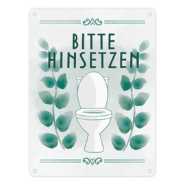 Bitte hinsetzen Toiletten Metal Sign in 15 x 20 cm with Floral Pattern Tin Sign for Toilet Decoration for the Silent Place Leaves Watercolours Beautiful Sign Decorative Bathroom