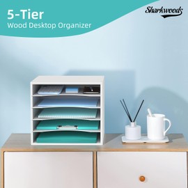 SHARKWOODS 5-Tier Paper Organizer for Desk, Wood Desktop Organizer with Adjustable Lettry Tray, Mail Sorter for Office School & Home, White