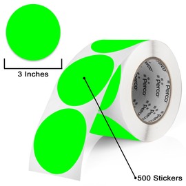 Perco Fluorescent Green 3-Inch Round Circle Dot Sticker Labels with Permanent Adhesive - 500 Labels per Roll - Vibrant Colors, Strong Adhesion - Made in USA