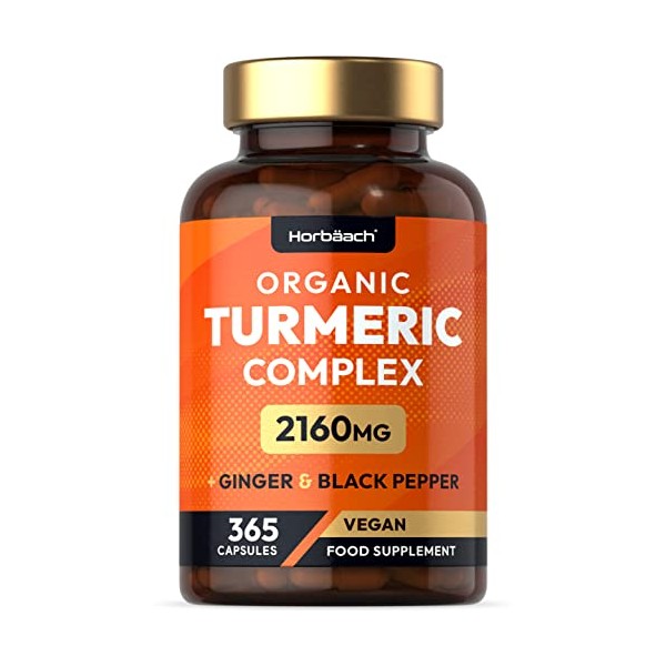 Organic Turmeric and Black Pepper Capsules | 2160mg | High Strength Curcumin with Ginger | 365 Vegan Capsules | by Horbaach