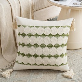 Fancy Homi Set of 2 Boho Moss Green Decorative Throw Pillow Cover 16x16 Inch for Couch Bed Sofa, Aesthetic Modern Farmhouse Home Decor, Soft Cute Accent Macrame Woven Cushion Case with Tassels