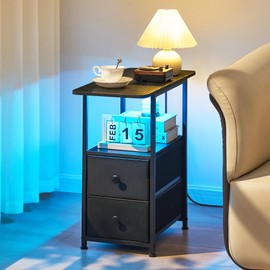 DALEMHOME Narrow End Table with Charging Station, Narrow Side Table with 2 Fabric Drawers, Slim Nightstand with LED Light, Small Bedside Table with Storage, Living Room, Bedroom, Black HKET1203BK