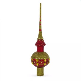 BESTPYSANKY Jeweled Gold on Red Glass Christmas Tree Topper 11 Inches