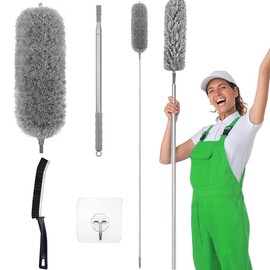 Washable Telescopic Duster, Extra Long 2.8 m, Long Extendable, Microfibre Duster, with Mini Window Cleaning Brush and Stainless Steel Telescopic Rod for Ceilings