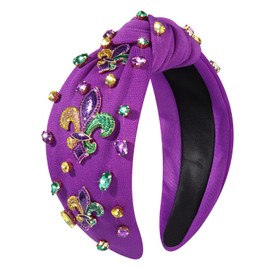 HEIDKRUEGER Mardi Gras Headband for Women Pearl Beaded Hairbands Purple Green Gold Canival Hair Hoop Party Headwear for Girls (Fleur De Lis)