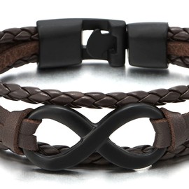 COOLSTEELANDBEYOND Black Infinity Love Number 8 Brown Leather Bangle Bracelet for Men Women Three-Row Wristband(CA)