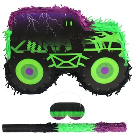 Green and Purple Monster Truck Pinata Car Pinata with Stick and Blindfold for Kids Boys Monster Truck Birthday Decorations Racing Car Birthday Party Supplies Race Car Carnival Party Favors