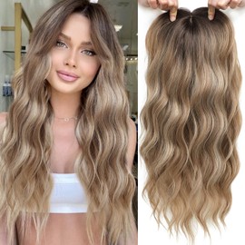 VEGALILY 20inch Hair Topper, 7x7" Base Size Wavy Hair Topper for Women, Brown Blonde with Dark Root Hair Toppers for Thinning Hair, Handmade Natural Hairline Hair Toppers Fake Hair Pieces for Women