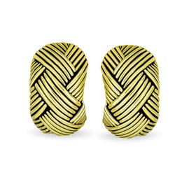 Woven Braided Basket Weave Wide Half Hoop Clip On Earrings Button Style Non Pierced Ears Oxidized Gold Plated Brass