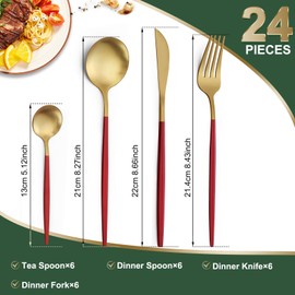 Pleafind Cutlery set, 24-piece cutlery set for 6 people, Roestvrijstalen cutlery set, cutlery goud en rood mat, cutlery sets, cutlery with mes, vork, lepel, vaatwasmachinebestendig