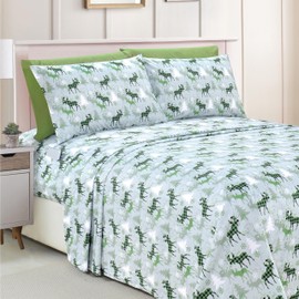 Elegant Comfort Luxury Soft Bed Sheets Holiday Pattern 1500 Premium Hotel Quality Microfiber - Softness Wrinkle and Fade Resistant (6-Piece) Bedding Set, Queen, Plaid Moose Green