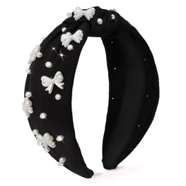 Uintoon Black Headband Bow Pearl Knotted Headbands for Women Girls Cute Fashion Wide Headbands for Women Non Slip Hairbands Head Bands for Women's Hair Bow Hair Accessories