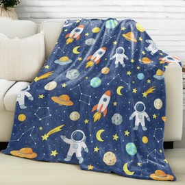 vnlvnl Space Blanket Lightweight Flannel Blankets Gifts for Adults with Astronaut Rocket Planet Star Moon and Constellation Pattern Printed Throw for Couch Chair Office Bedroom Decor, 60x50inch