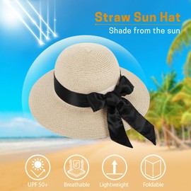 GNEGNI LIFE Sun Hats Women, Straw Beach Hats Sun Protection Summer Hat Foldable Wide Brim Hat Floppy for Women Travel Holiday (Beige&Black Ribbon)