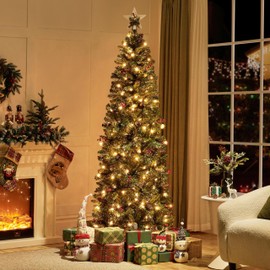 Yaheetech 7.5ft Pre-lit Pencil Spruce Christmas Tree, Artificial Slim Xmas Fir, Pre-Decorated for Home, Office, Party, Holiday Decor W/ 948 Tips, 350 Lights, Pine Cones, Metal Hinges & Base, Green