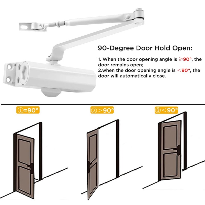 White Automatic Door Closer for Home with Hold Open, Hydraulic