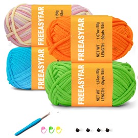 FREEASYFAR 4x50g/4x60yds Cotton Blend Yarn for Crocheting and Knitting; Easy Beginner Yarn kit with Tool Set (Macaron+Orange+Blue+Green, 4 Skein)