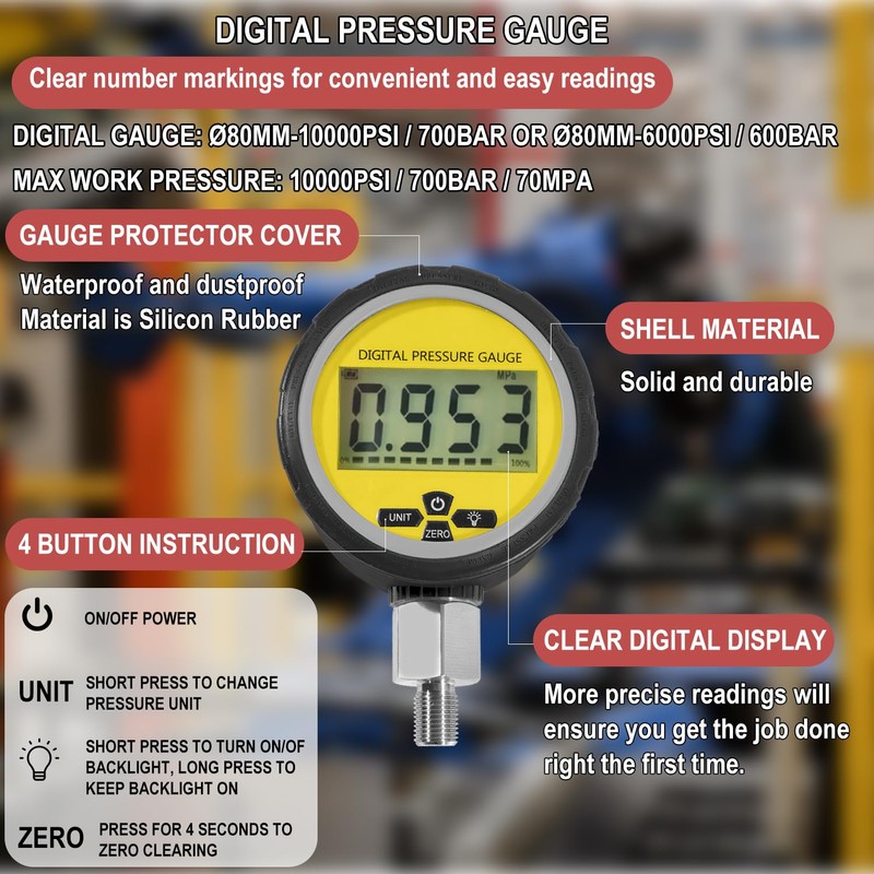 Digital Hydraulic Pressure Gauge 10000 PSI/700BAR with 1/4-Inch NPT Connector,