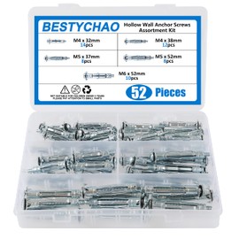 BESTYCHAO 52pcs Heavy Duty Zinc Plated Steel Hollow Wall Anchor Screws Set, Molly Bolt Hollow Drive for Drywall M4 M5 M6 Assortment Kit
