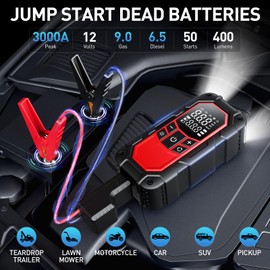 Jump Starter with Air Compressor,3000A car Battery Jump Starter (9.0 Gasoline/6.5L Diesel) with 150PSI Digital tire inflator Portable,12V Power Pack Car Jump Box Charger with LCD Display, Lights