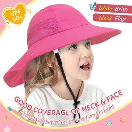 PONCEAU Baby Sun Hat Toddler Kids Neck Protection Flap Hat with Adjustable Straps for Boys and Girls Foldable Summer Breathable UV Protection Rose Red