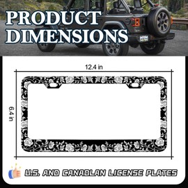Black White Flower License Plate Frames - 2 Pack Beautiful Floral Stainless Steel License Plate Holder,Rust-Proof Waterproof Car Decorative Tag Frames with Screws Fasteners Caps