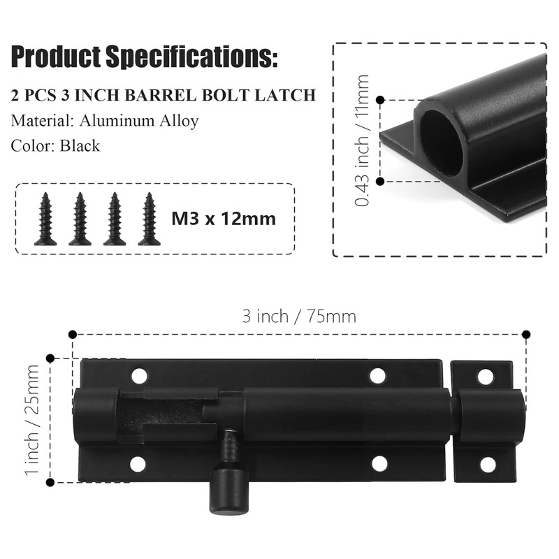 2 Pack 3" Black Barrel Slide Door Bolts, Heavy Duty